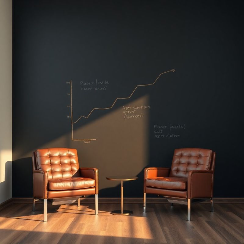 Sală de strategie cu diagramă de alocare a activelor în cretă aurie pe perete charcoal