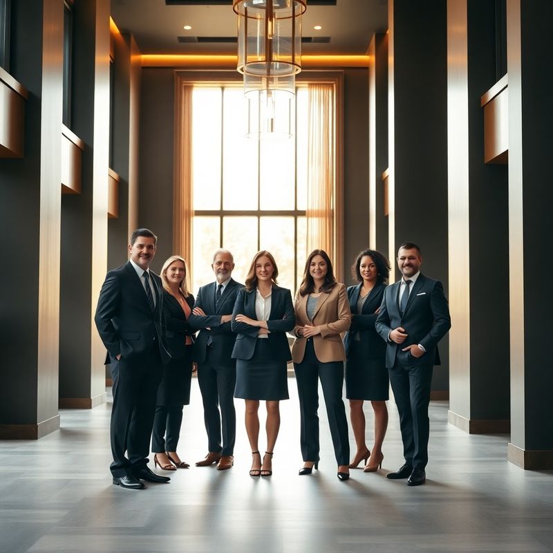 Echipa de consultanță într-un lobby contemporan cu tonuri charcoal și detalii aurii